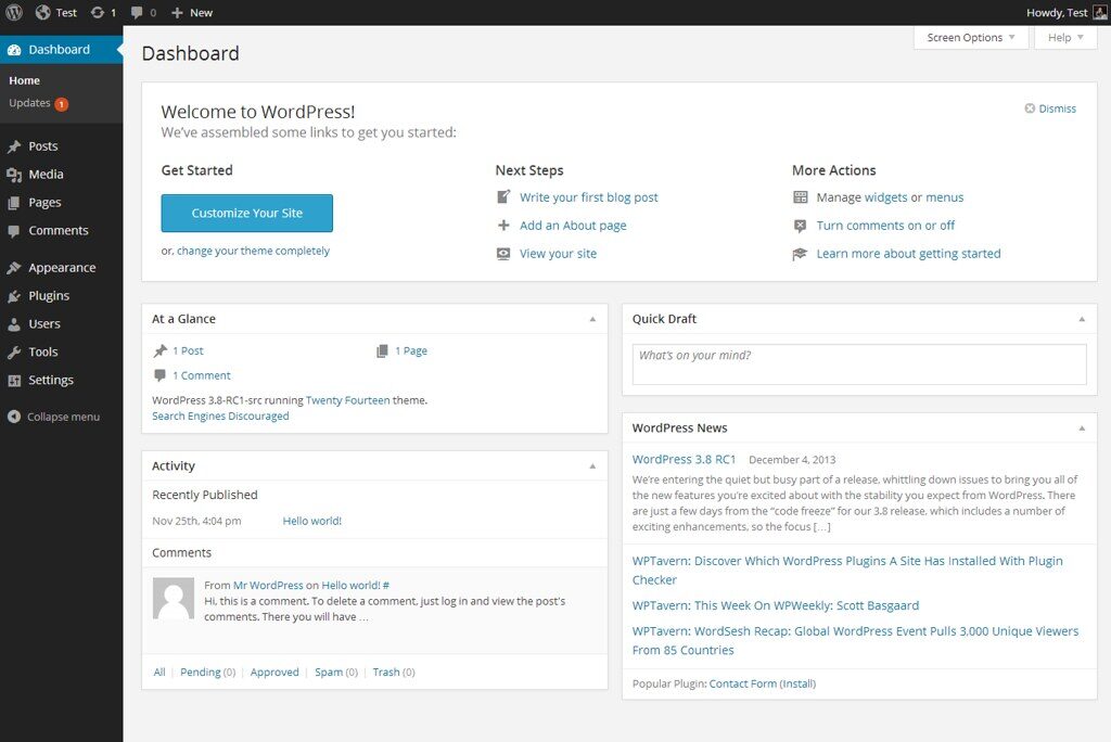 WordPress site dashboard